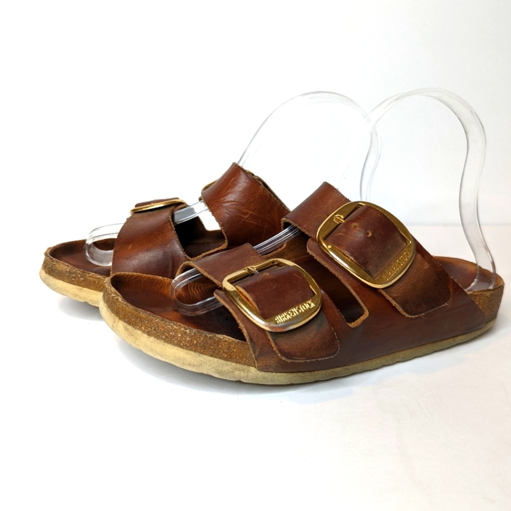 Birkenstock Brown Leather Two-Buckle Sandals with Gold Buckles
